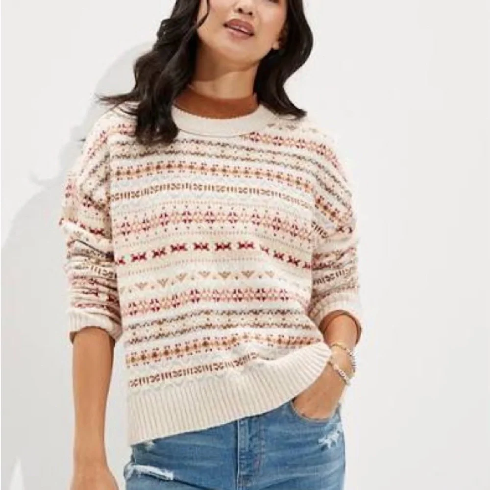 American Eagle Fair Isle Snowdrift Sweater Cream Multi Knit Cozy Small Women’s
